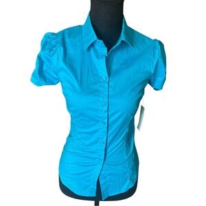 Papaya Blue Button Up Puff Sleeve Blouse Size S NWT